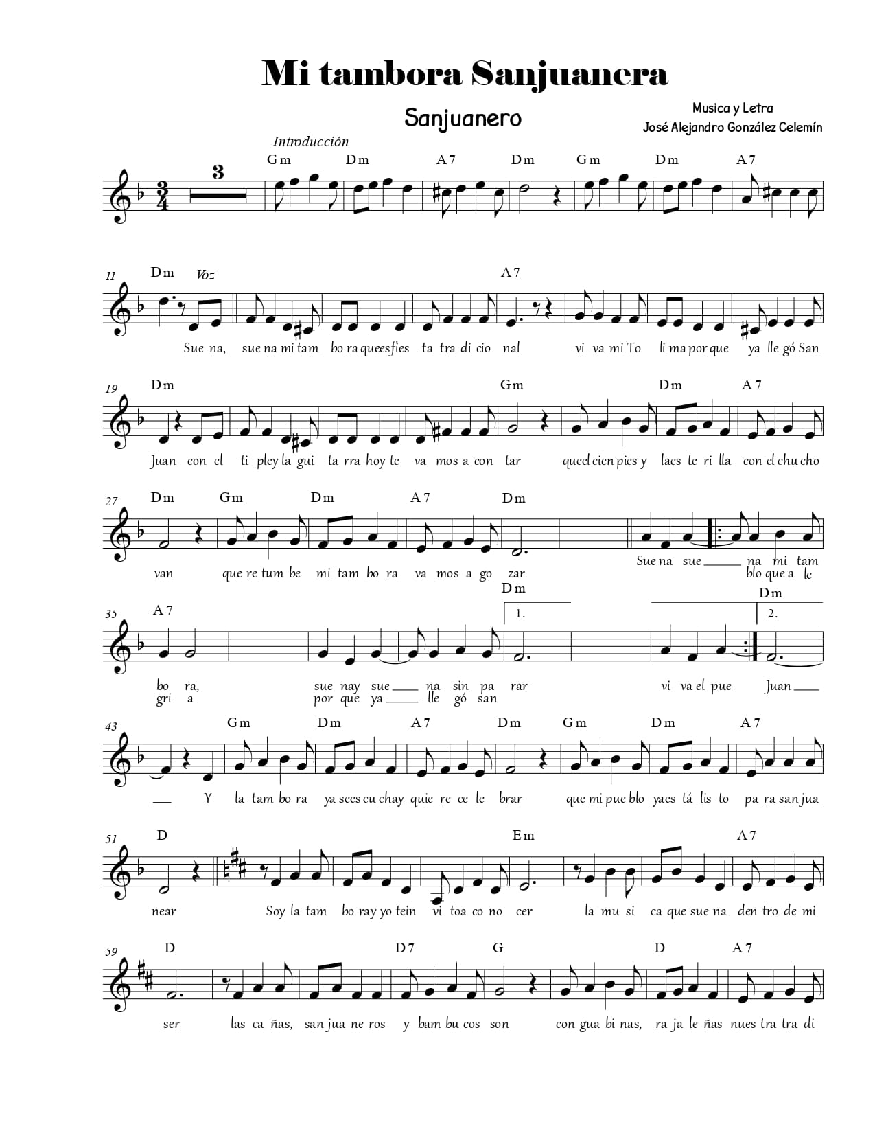 Partitura de la canción Mi Tambora Sanjuanera